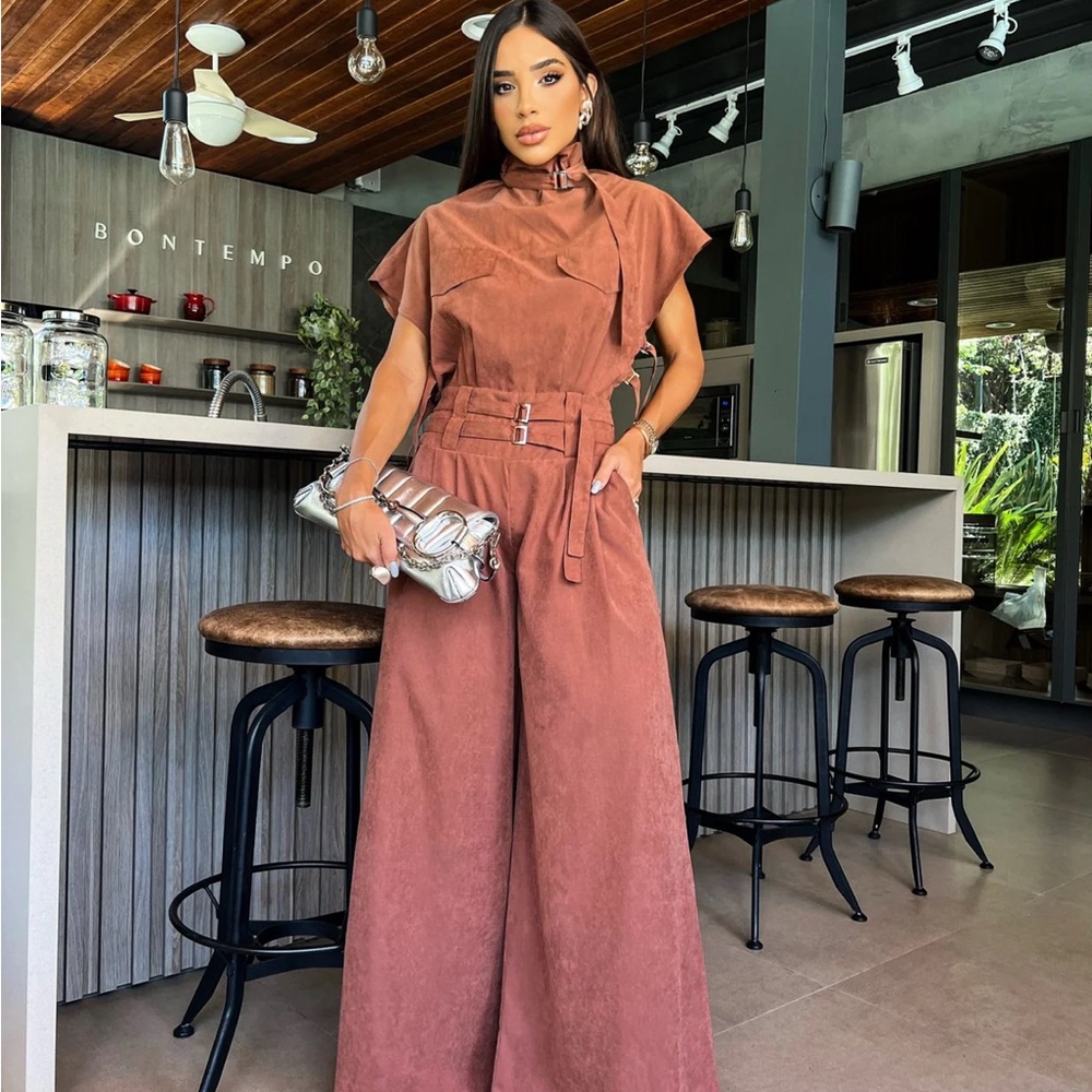 Elegant Brown Wide Leg Jumpsuit with Mock Neck - SWAN JUMPSUIT